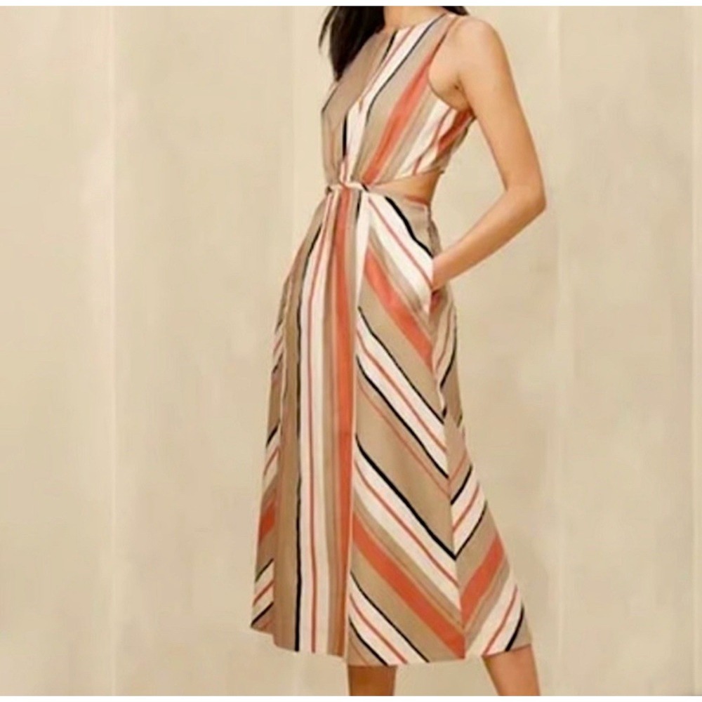 Banana Republic Women's Multicolored‎ Linen Blend Striped Cutout Midi Dress Sz 8